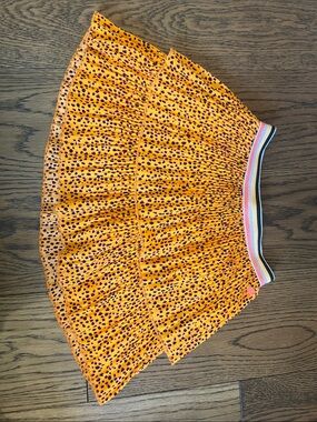 Girls' Orange Leopard Print Pleated Skirt with Striped Elastic Waist